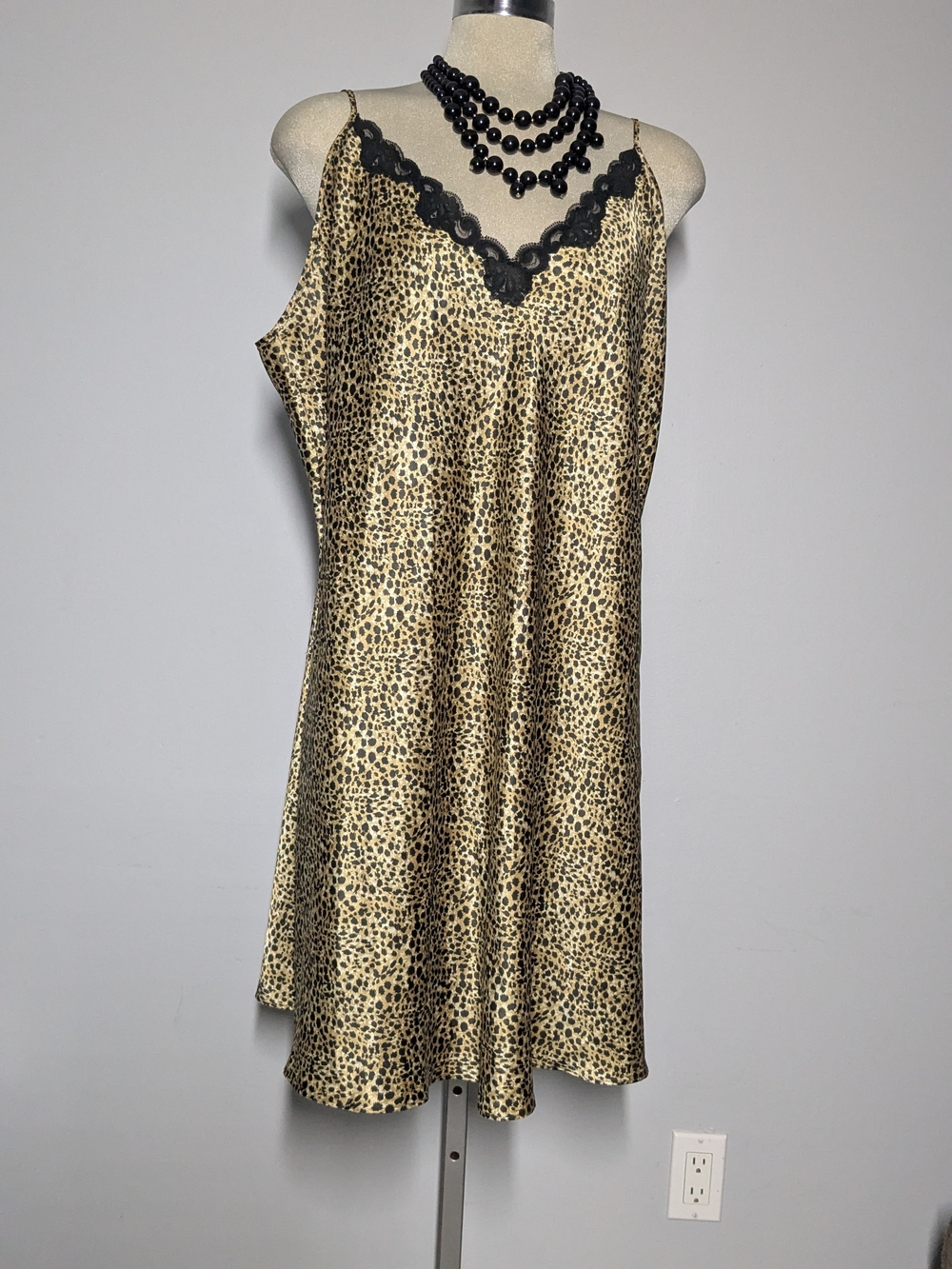 Leopard Print Satin Slip Dress with Black Lace Trim